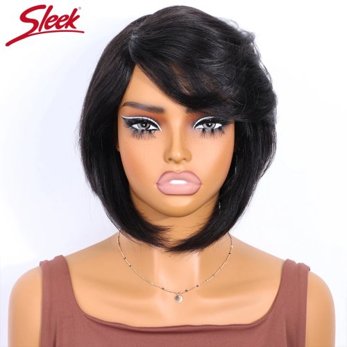Sleek Peruvian Short Straight Bob Human Hair Wig with Bangs, Full Machine Made Side Part Bob Wig for Black Women