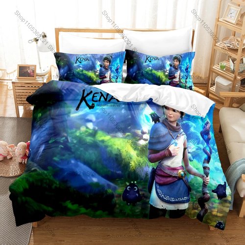 Whimsical Kena & Rot Graphic Kena Bridge of Spirits Pixar Style Adventure Game Bedding Set - Duvet Cover with 2 Pillowcases for Teens