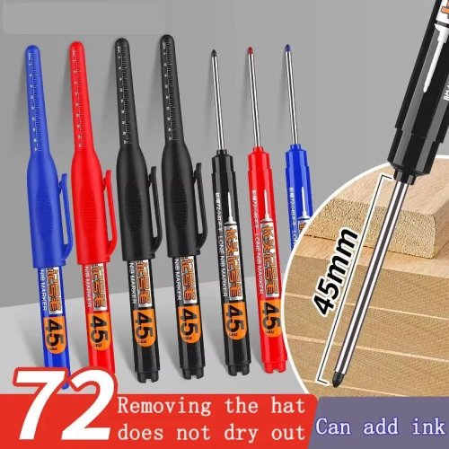 10 Cái Bút Dạ Đầu Dài Chống Nước 45mm, Mực Khô Nhanh Cho Chế Biến Gỗ & Xây Dựng, Lỗ Sâu, Không Độc Hại, Đen/Đỏ/Xanh