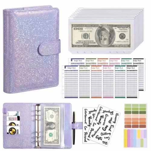Pasta A6 em pele PU com envelopes para dinheiro — Planeador/organizador de orçamento para casa e escritório