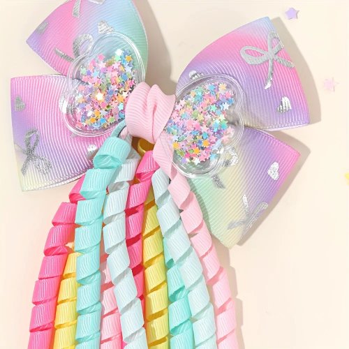 Kẹp tóc nơ kim tuyến đính sequin hình sao, nơ đuôi dài uốn xoăn, phụ kiện tóc dễ thương, phù hợp làm quà tặng