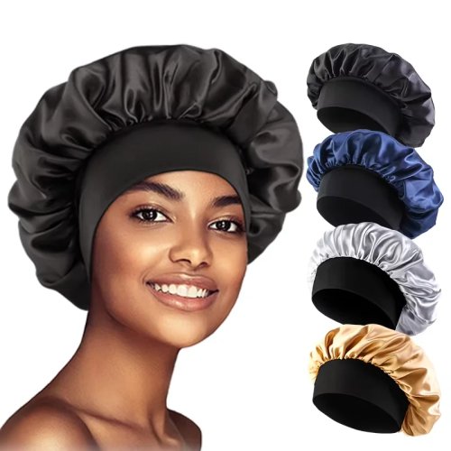 หมวก Satin สำหรับผู้หญิง - หมวกนอนปีกกว้าง, ผ้าพันผมดูแลเส้นผมแบบยางยืด, Unisex
