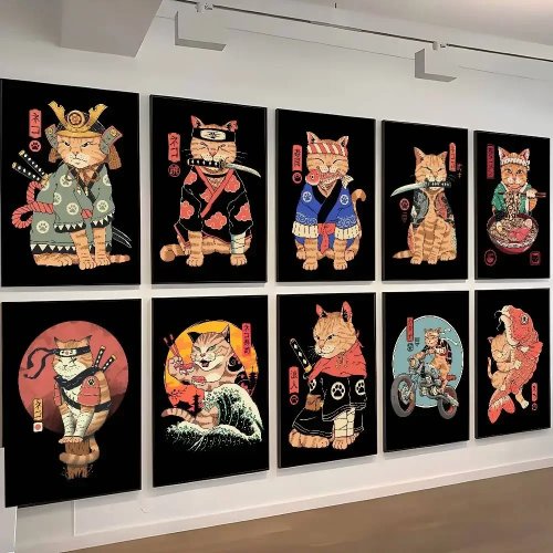Poster Gatto Samurai Giapponese Divertente - Stampa murale cartoon per camera e soggiorno
