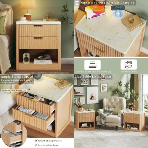 Set 2 Nakas Kayu 24 Inci dengan Pengisi Daya Nirkabel, Bagian Atas Marmer, Ukuran Besar