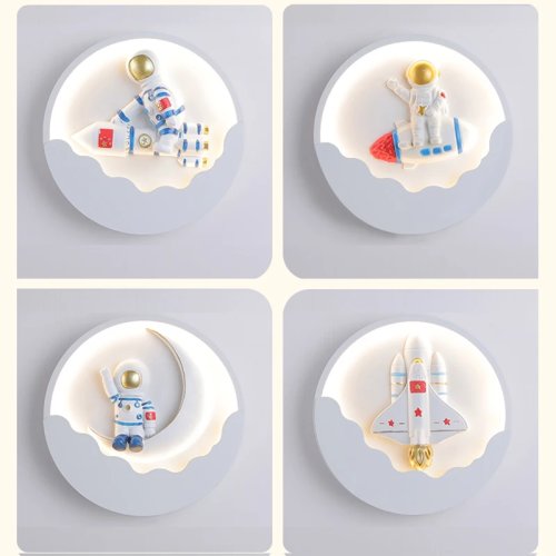Đèn tường trẻ em hình tên lửa/phi hành gia, tròn trắng bằng resin — đèn ngủ đầu giường cho bé trai