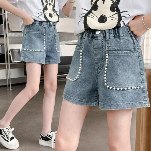 Short vaquero niña verano, color liso con adorno de flor de perlas, estilo hot pants, tallas 6, 8, 10, 12, 13, 14 años