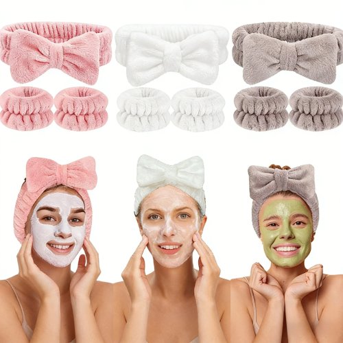 Set bando dan gelang tangan tahan air untuk cuci wajah — bando pita lembut dan bisa disesuaikan untuk perawatan wajah & make-up