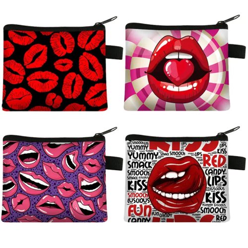 Monedero de lona con estampado de labios — porta tarjetas, neceser y bolsa para toallas femeninas, mini cartera para mujer