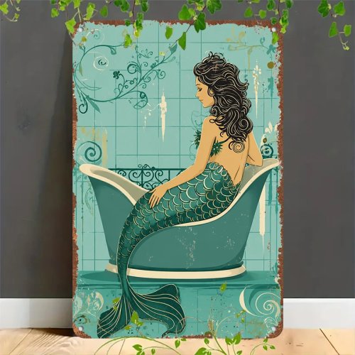 Placa metálica retro 2D 'Sereia na banheira' — Placa de lata vintage para casa, garagem, café, bar e jardim