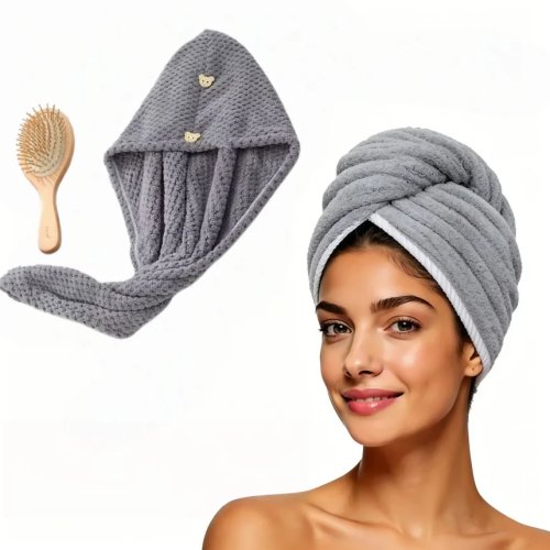 Turbante/serviette en microfibre pour femme, ultra absorbante, séchage rapide, avec bouton (gris)