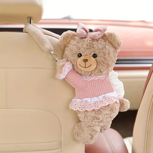 봉제 곰 모양 차량용 휴지걸이(걸이형) – 뒷좌석 티슈/종이타월 파우치, 차량 인테리어 정리함