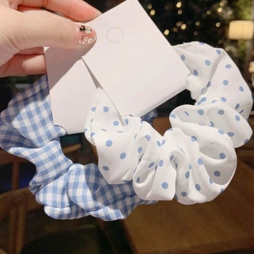 Scrunchies estilo coreano, azul-marinho com bolinhas e xadrez — elásticos de tecido macios para mulher