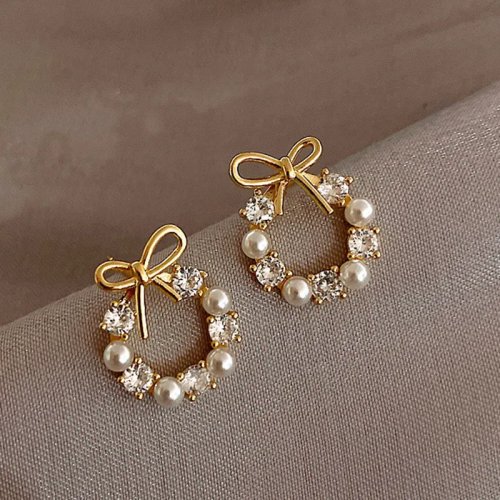 Bông tai đinh nơ phong cách Hàn Quốc bằng bạc 925 cho nữ, trang trí ngọc trai và pha lê — dễ thương, sang trọng