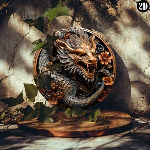 Vintage bronze round metal plaque with Chinese dragon floral relief — retro tin wall sign for home, office, bar or man cave