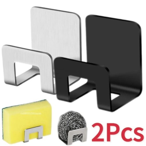 2 pcs Tempat Spons Stainless Steel untuk Wastafel Dapur, Rak Pengering dengan Kait Perekat, Aksesori Dapur