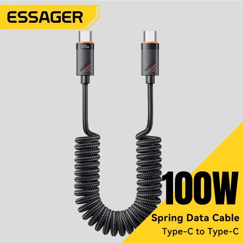 Essager Car Spring Type C Cable 100W PD Fast Charging for iPhone 16, 15, 14, Xiaomi, Samsung, MacBook, iPad