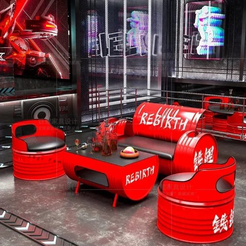 Sofa booth drum oli bergaya industrial dengan meja bar — untuk kafe/toko milk tea, restoran, area negosiasi, cocok untuk outdoor/indoor