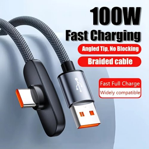 Кабель USB-A на USB-C 100W кутовий 90° — PD швидка зарядка та передача даних, L‑подібний ігровий кабель, сумісний з Samsung, Huawei, Realme, iPhone (USB-C)
