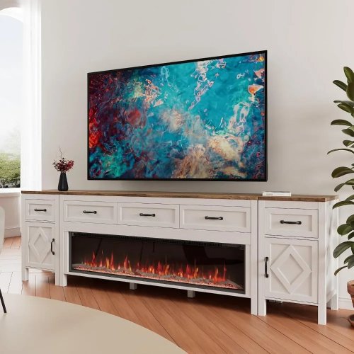 98インチテレビ台（60インチ電気暖炉内蔵）— 100インチまでのテレビ対応、収納引き出し付きセンターコンソール