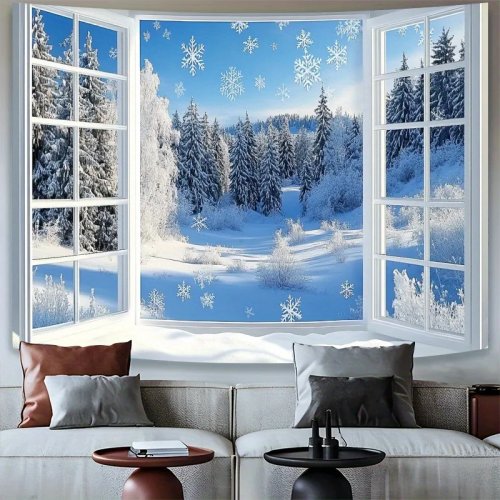 Tkanina ścienna "Winter Wonderland" - scena okna: zaśnieżony las z sosnami i oszronionymi szybami, do powieszenia bez zasilania, trwała dekoracja do domu