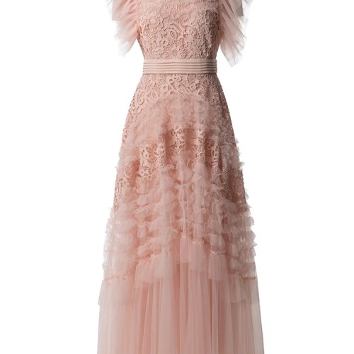 Đầm maxi vintage nữ — cổ tròn, tay loe, bèo, vải lưới đắp hoa; phong cách mùa hè