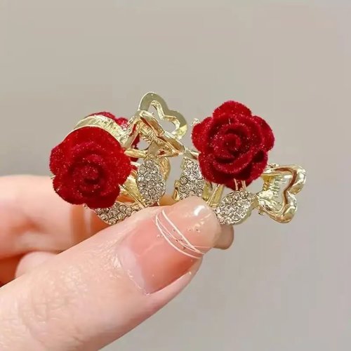 Modischer Strass Rosen Haarclip - Süße rote Blumenhaarnadel für Damen, Haarschmuck Accessoire