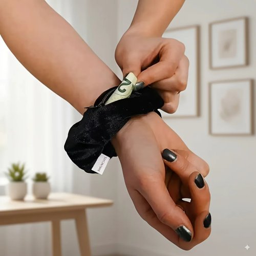 ที่คาดผมกำมะหยี่ยืด พร้อมช่องซิปซ่อนสำหรับใส่กุญแจ เงิน และลิปสติก