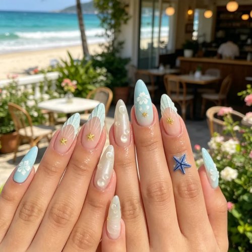 Ongles press‑on forme amande — Dégradé bleu clair «océan» été, coquillages 3D et étoile de mer, hibiscus, fini brillant, réutilisables — Manucure plage