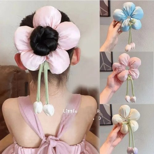 Scrunchie busa bunga tulip lucu untuk anak perempuan — ikat rambut elastis lembut