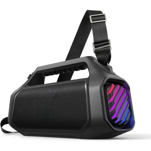 Bocina inalámbrica para exteriores — resistente al agua, luces LED RGB, BassUp para graves intensos, powerbank con carga rápida USB-C