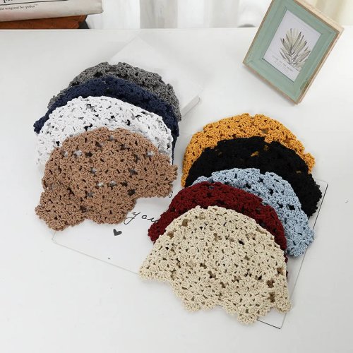 Mũ beret nữ mùa hè, len đan rỗng thoáng khí, có ren — Mũ casual đi biển và du lịch