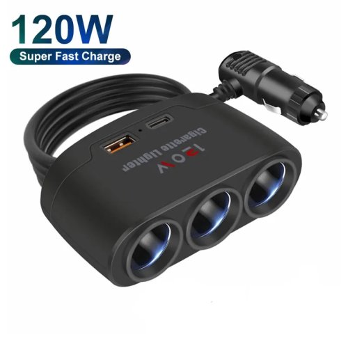 Adaptador de Carro 3 em 1 USB Tipo C 120W Isqueiro Splitter 12V 24V Carregador Rápido para DVR GPS Dashcam