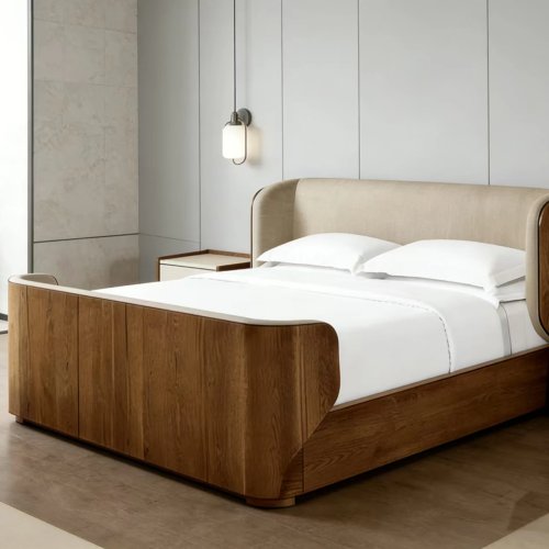 Letto piattaforma moderno in rovere massello con contenitore — King/Queen, design salvaspazio