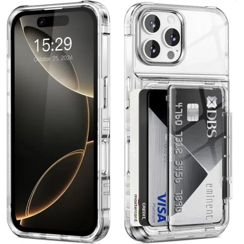 Custodia trasparente per iPhone con porta‑carte — protezione rinforzata, antiurto, antigraffio e anti‑ingiallimento. Compatibile con iPhone 11/12/13/14/15/16/17, Plus, Pro, Pro Max, Air.