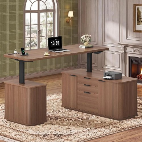 Secretária em L elétrica regulável em altura 140×120 cm — Secretária de escritório executiva com gaveta de arquivo e tabuleiro deslizante, personalizável