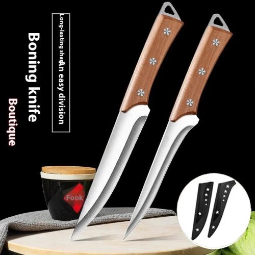 Pisau Filet Stainless Steel - Pisau Boning Tempa dengan Gagang Kayu, Pisau Koki Profesional untuk Iris Daging dan Ikan