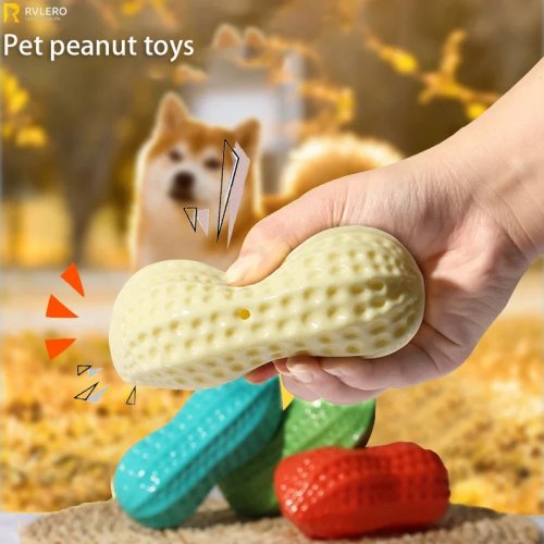 Peanut-shaped squeaky chew toy for dogs & cats — rubber interactive toy, teeth-cleaning, durable against biting