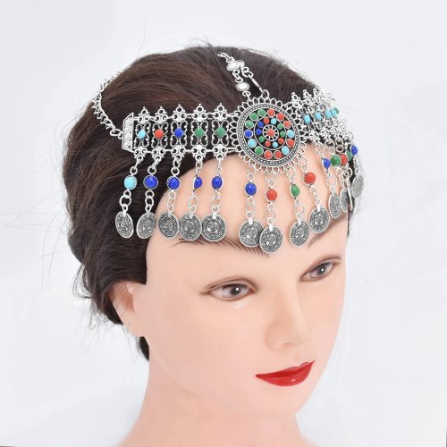 Chaîne de tête femme perles, pièces et pompons — bijou de coiffure bohème/tribal pour danse du ventre, style turc