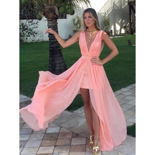 Custom Made Tulle Floor-Length Evening Dress — Deep V-Neck Sleeveless Wedding/Party Gown