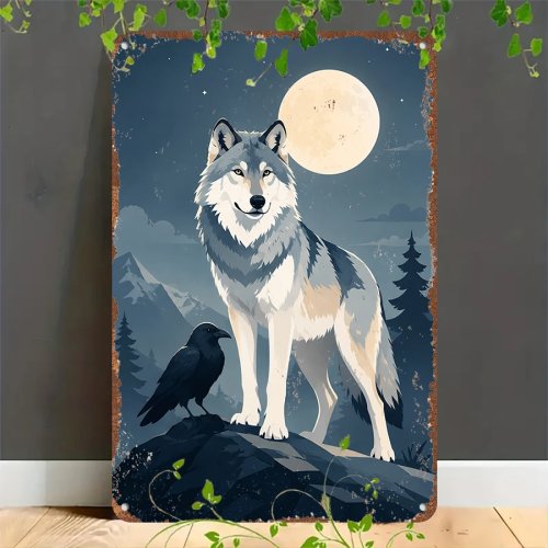 Retro-Blechschild 2D – Wolf & Rabe im Mondlicht, rustikales Metallschild als Wanddeko für Zuhause, Garage, Café, Bar und Garten