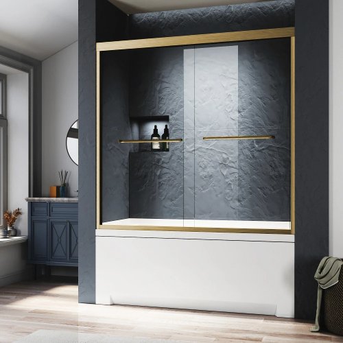 Pintu bak mandi kaca ganda semi‑frameless warna emas sikat, dapat disesuaikan 56–60 in x 57 in, kaca tempered bening (SGCC/ANSI), gagang stainless