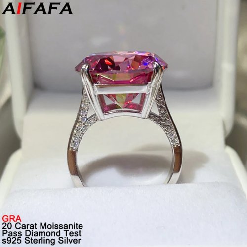 20-karaats roze moissaniet verlovingsring – 18 mm grote steen, 925 zilver met 18K witgoud plating, fijne sieraden (GRA)