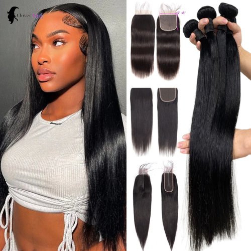 Paquetes de cabello humano brasileño liso con cierre de encaje - Cierre de encaje 4x4 y 5x5
