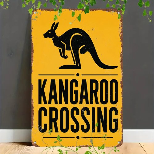 Vintage Blechschild "Kangaroo Crossing" – Retro 2D Wanddeko aus Metall für Zuhause, Garage, Café, Bar & Garten