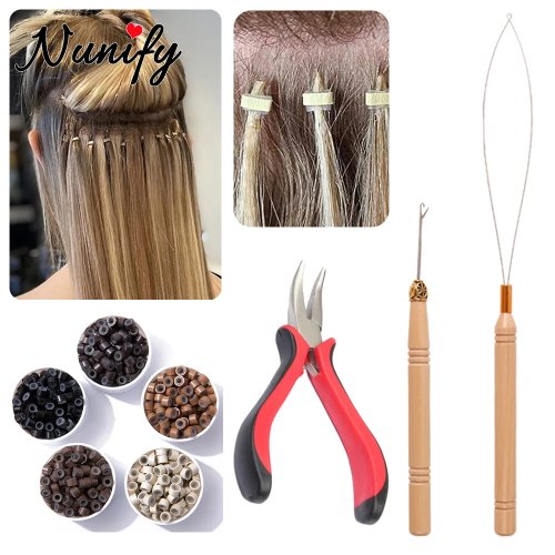 Kit Alat Sambungan Rambut Nunify – 100 manik/micro ring berlapis silikon, 1 jarum tarik mikro (loop), 1 kait rajut dan 1 tang