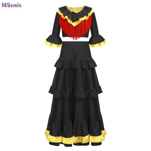 Girls Flamenco Dance Costume – Tassel Crop Top (Half Sleeves) + Ruffled Long Skirt, Stage Performance Dress