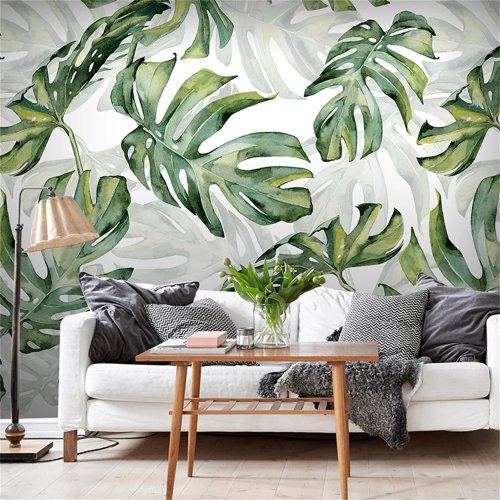 Papel tapiz fotográfico personalizado hojas verdes — mural adhesivo para sala, fondo para TV, decoración del hogar