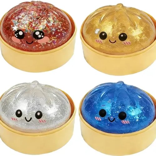 Глітерний squishy у формі пельменя, прозорий з паровим контейнером — М’яка портативна іграшка-антистрес для дітей, підлітків і дорослих, подарунок на свято