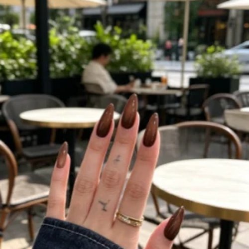 Lange Amandel Kattenoog Press-On Nagels, Donkerbruin met Champagne Glitter, Magnetische Nageltips, Effen Chocoladebruin Glanzend - Herfst Winter Manicure voor Dames