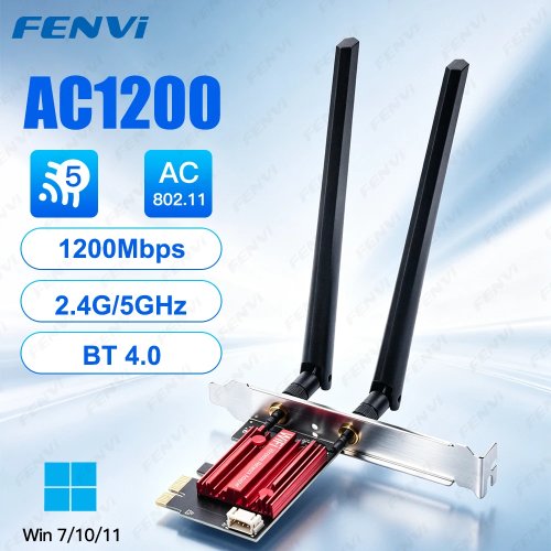 การ์ด PCIe FENVI AC1200 WiFi 5 พร้อม Bluetooth 4.0, การ์ดเครือข่ายไร้สาย Dual Band 2.4G/5GHz สำหรับ PC Desktop Laptop Windows 7/10/11